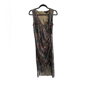 NTW Boston Proper Sequin V Neck Faux Wrap Knee Length Frimge Dress SIZE  6